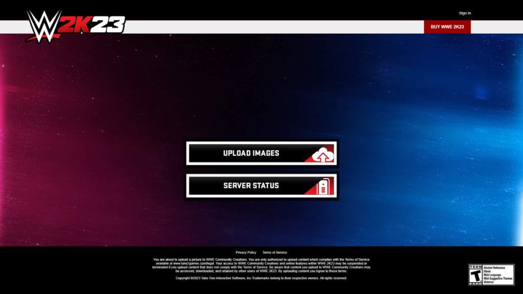 WWE 2K23 website with Upload Images feature.