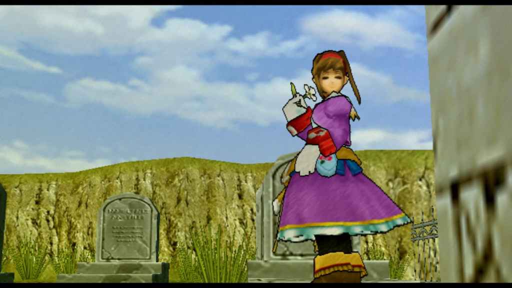 A young woman stands in a graveyard holding a white flower in Wild ARMs 3