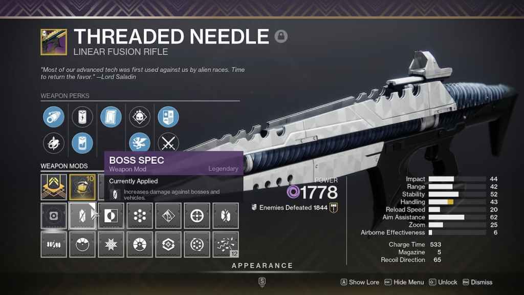 Destiny 2 Lightfall: How to Get Weapon Mods - boss spec on weapon.