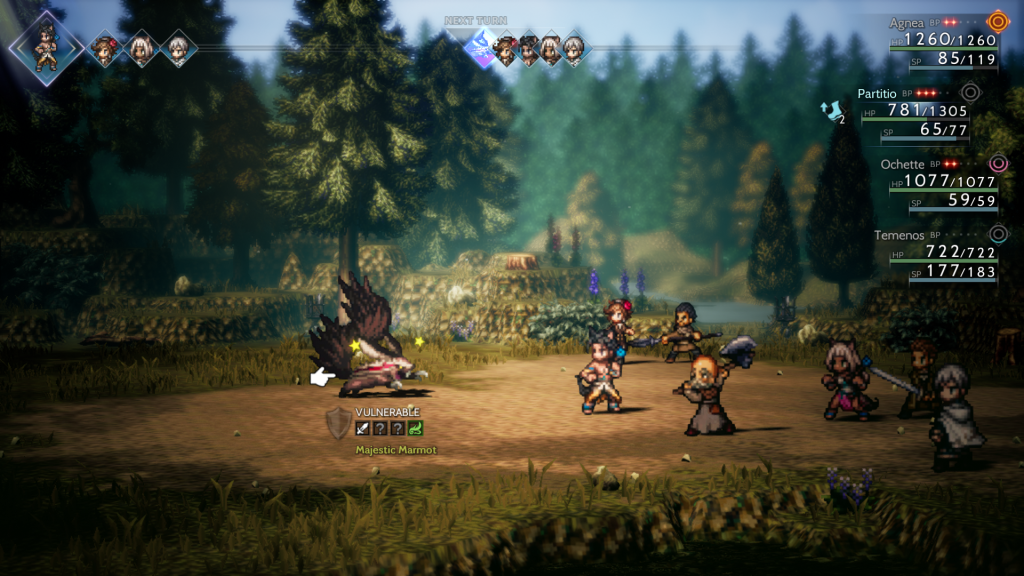 A party of adventurers and their recruitable NPCs attack a marmot in Octopath Traveler 2