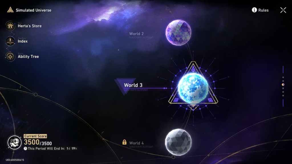 The main screen of the Simulated Universe menu in Honkai: Star Rail