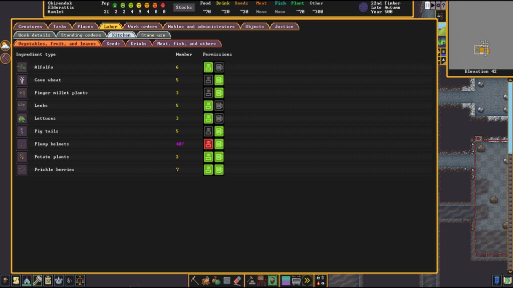 A labor menu used to toggle various kinds of vegetables in Dwarf Fortress