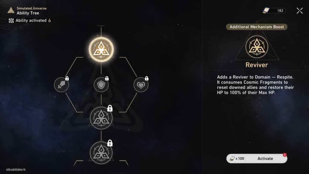 The ability tree menu from Simulated World in Honkai Star Rail