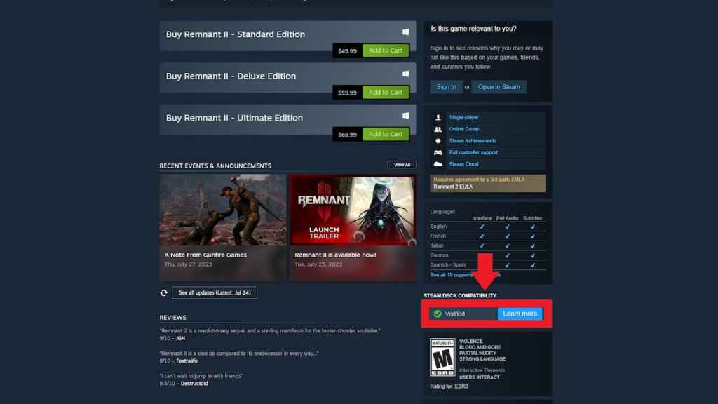 Can you play Remnant 2 on Steam Deck? verification