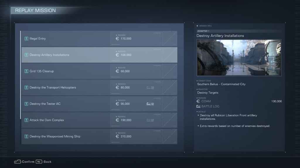 Can you Replay Missions in Armored Core 6? menu