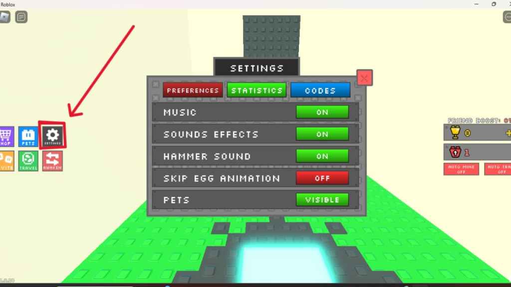 Settings in Roblox Brick Adventure