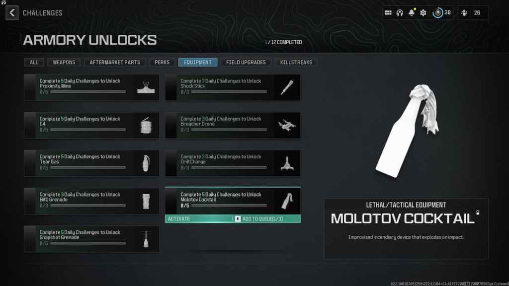 Can you Equip a Molotov in MW3? challenge